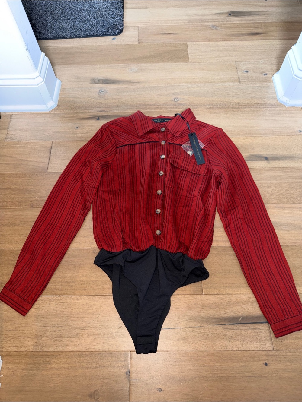 House of Harlow 1960 Red and Black Striped Button-Front Bodysuit small NEW